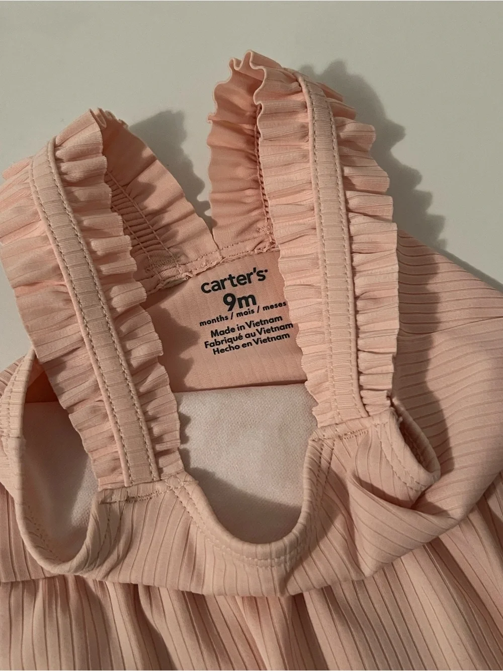 Carter’s Peach Pink Ribbed Ruffle Baby One-Piece + Matching Hat